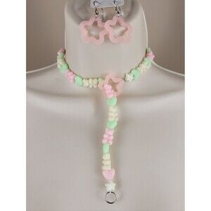 3pc spring Hanami Dango heart gummy bear lariat drop necklace & earrings